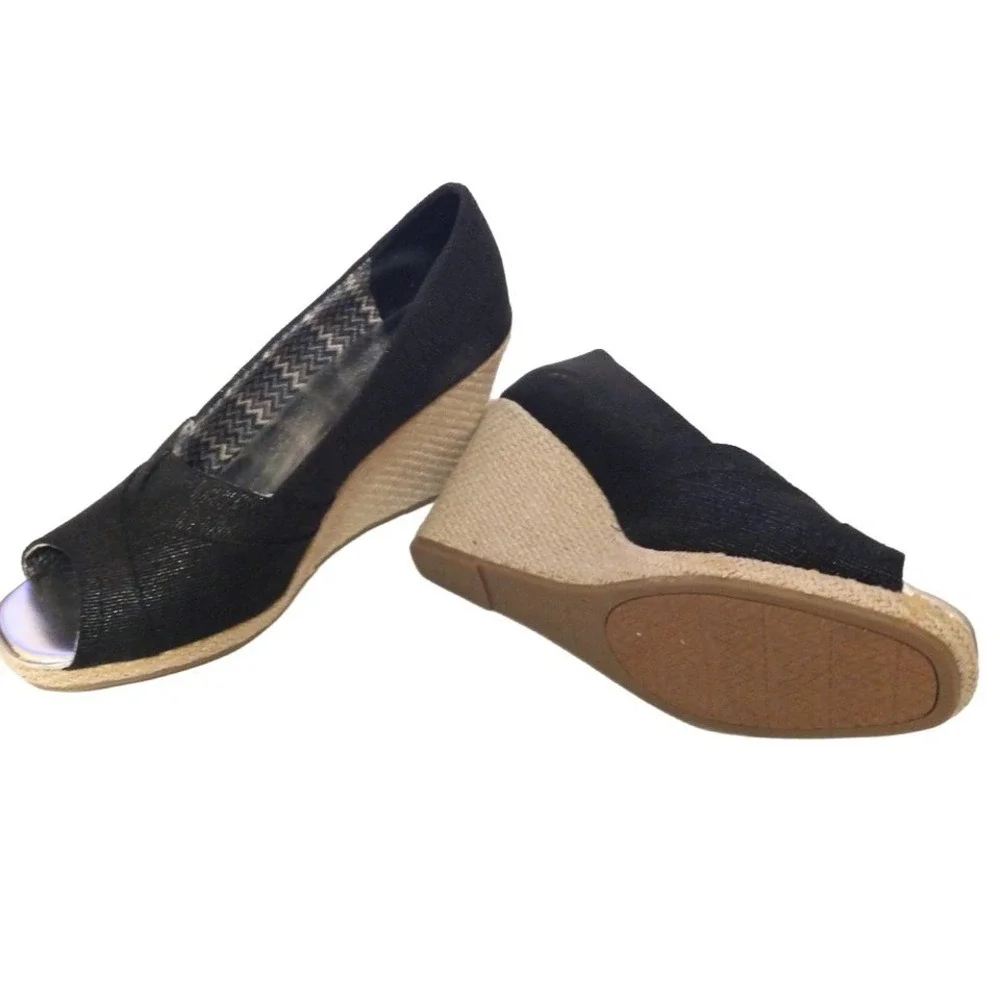 Faded Glory Ali Women Black Espadrille Wedge Heels Square Peep Toe Shoes Size 10